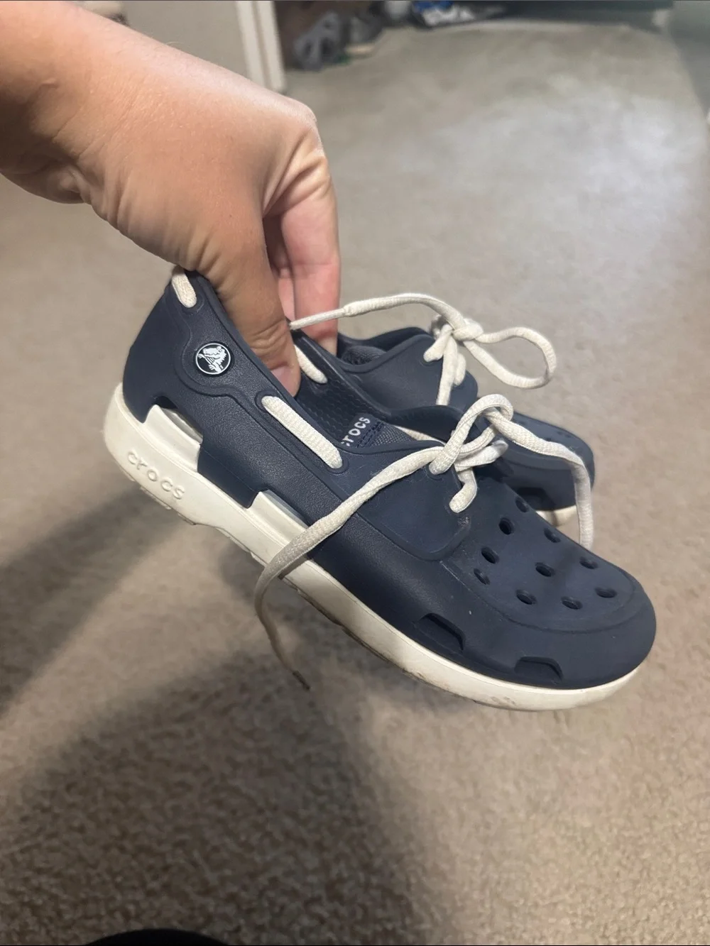 CROCS Kids Navy Blue and White Lace-Up Water Clogs